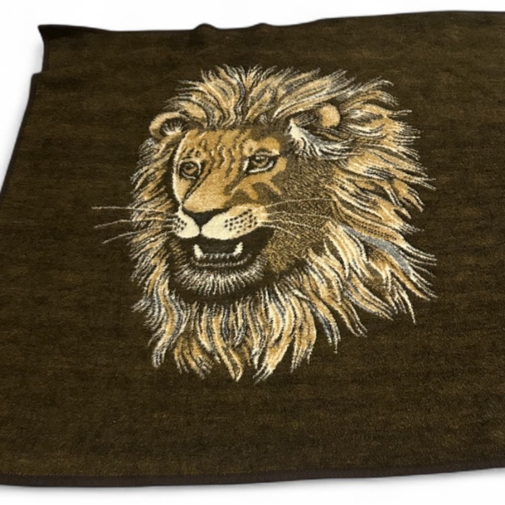 Vintage Biederlack Virgin Acrylic Lion Head Blanket Brown Tan 55”x57” USA Made